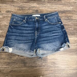 KanCan Women’s Blue Freyed-Hem Mid-Rise Denim Shorts Size 29